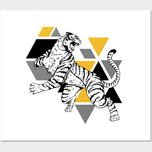 Retro Black & Gold Tiger on the Attack // Vintage Geometric Shapes Background Posters and Art